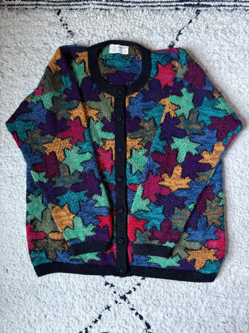 VTG Handmade Peruvian Alpaca Interlocking Leaf Cardigan Sweater XL Jewel Tone